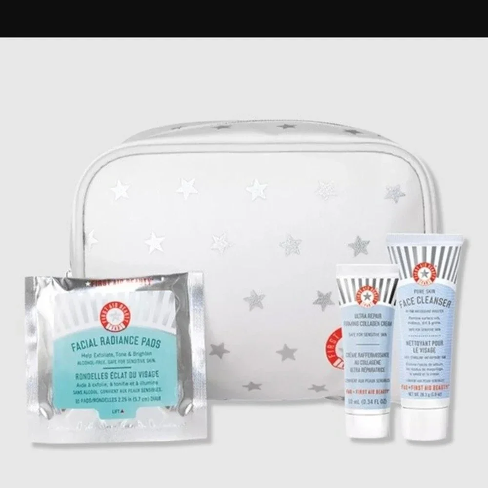 First Aid Beauty Cosmetic bag with three trial size products